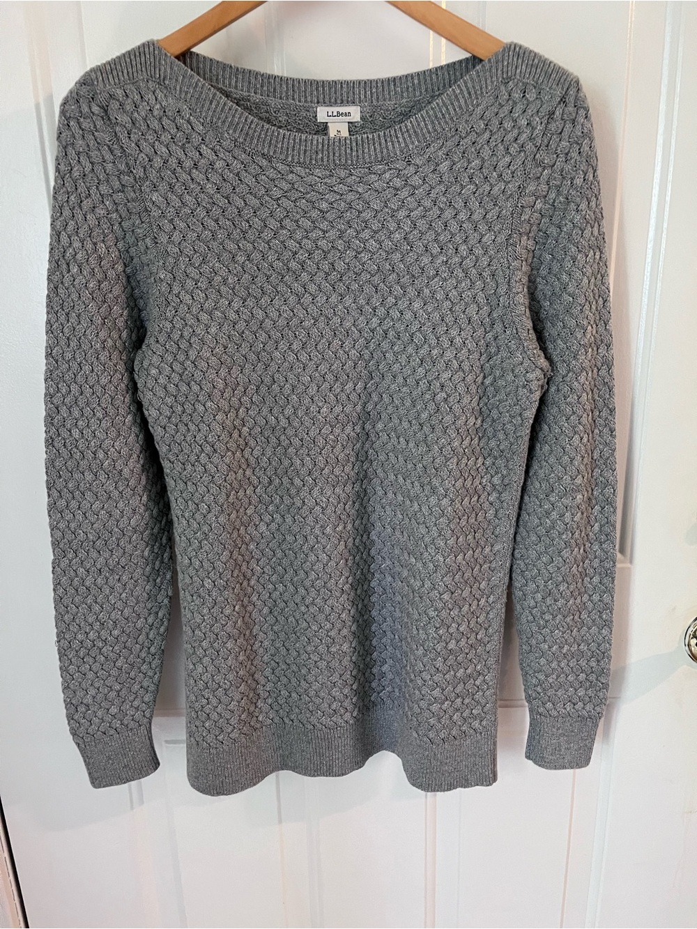 LL Bean Knit Sweater Women’s L Gray Cotton Pullover Fisherman 90s Honeycomb